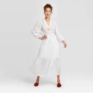 A New Day Women’s White Long Sleeve Tiered Swiss Dot Midi Maxi Dress Size Small